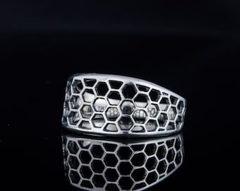Bijenring, bijenring, bijensieraden, honingraatsieraden, bij met honingraat, handgemaakte sterlingzilveren unieke sieraden, dierenring