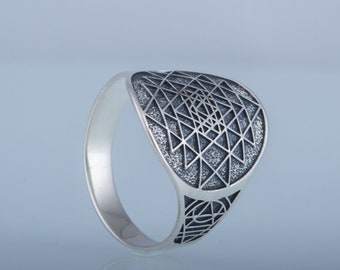 Sacred Geometry Ring - Golden Ratio and Fibonacci Inspired Silver Signet Handmade Meditation Jewelry with Sri Yantra Symbol