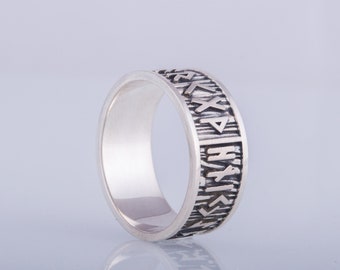Bague Elder Futhark - Bande de runes viking avec Texture d'écorce d'arbre, bijoux scandinaves en argent fabriqués à la main avec design runique vieux norrois