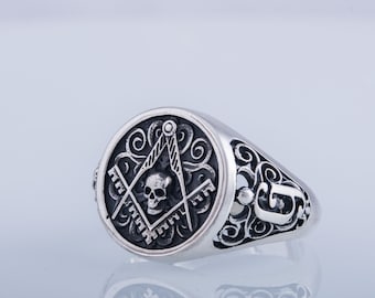 Mason Skull Ring - Freimaurer Silber Schmuck mit Kompass und Winkel Design Siegelring für Bruderschaft