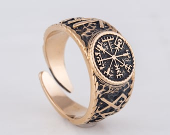 Vegvisir Ring - Adjustable Bronze Viking Ring with Hail Odin Runes Handcrafted Authentic Norse Compass Ring with Unique Design