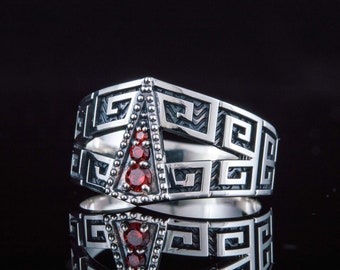 Greek Key Ring - Silver Band Featuring Ancient Greek Pattern, Hellenistic Jewelry Handmade Mens Statement Ring with Meander in Boho Style
