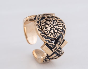 Viking Vegvisir Ring - Old Norse Jewelry with Runic Compass Symbol in Ancient Viking Style and Handcrafted Unique Pattern on the Sides