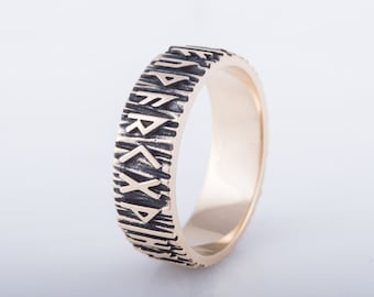Bague runes viking - Bijoux runiques en bronze avec texture d'écorce d'arbre Bague fabriquée à la main en sureau futhark de style nordique, parfaite pour les hommes et les femmes