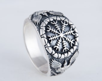 Helm of Awe Ring - Handcrafted Silver Viking Signet with Aegishjalmur Rune Symbol and Odin Ravens Huginn and Muninn on the Sides