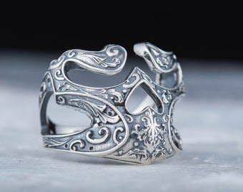 Silver Mask Ring - Gothic Mens Jewelry with Brutal Punk Rock Aesthetic Handcrafted Skull Design Signet for Unique Biker Style