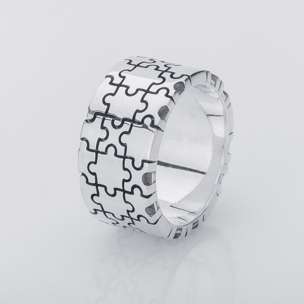 Puzzle Piece Ring - Silver Jigsaw Jewelry with Unique Puzzle Pattern Design for Men and Women Handcrafted Classic Style Accessories