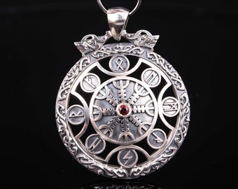 Helm of Awe Necklace - Old Norse Jewelry featuring Aegishjalmur Symbol and Viking Runes Handmade Shield Pendant for Warriors
