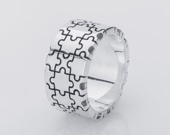 Puzzle Piece Ring - Silver Jigsaw Jewelry with Unique Puzzle Pattern Design for Men and Women Handcrafted Classic Style Accessories