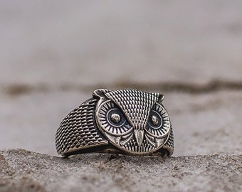 SIlver Owl Bird Ring, Handmade Animal Gift Jewelry with Owls for Girlfriend, Night Bird Ring, Solid Silver Rings Gift for Wife
