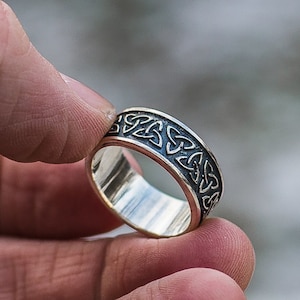 Celtic Knot Ring - Viking Wedding Band with Triquetra Symbols Handcrafted Silver Trinity Knot Jewelry for Men and Women