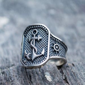 Sailor Anchor Ring Men's Nautical Jewelry with Ship Wheel Symbol Handcrafted Maritime Captain Ring in Vintage Style image 1