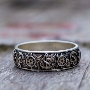 Silver Sailor Ring - Anchor and Ship Wheel Band in Nautical Style Handmade Mariner Jewelry for Men and Women