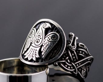 Odin Raven Ring - Silver Viking Jewelry Handcrafted Norse Mythology Ring with Wolf Pattern on the Sides Perfect for Modern Norse Pagans