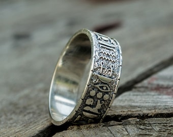 Silver Egyptian Symbols Ring, Old Egypt Hieroglyphics Ring, Rings with Egypt Hieroglyph, Handmade Silver Egyptian Jewelry, Egypt Symbols