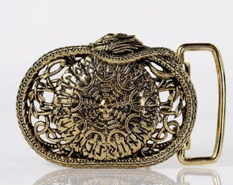 Brass Viking Belt Buckle, Helm of Awe (Aegishjalmur) with Runic Alphabet - Jörmungandr World Serpent, Norse Warrior Accessory, Gift for Him