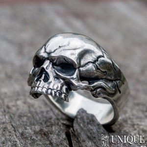 Pu&ograve; includere: Un anello d'argento a forma di teschio con dettagli intricati. Il teschio &egrave; di profilo e presenta una mascella e delle orbite dettagliate.