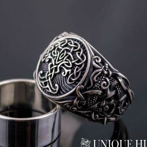 Silver Yggdrasil Ring - Viking Tree Jewelry with Mammen Style on the Sides Handcrafted Scandinavian Tree of Life Signet