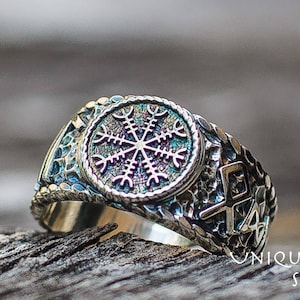 Helm of Awe Ring - Silver Viking Ring with Aegishjalmur Symbol and Hail Odin Runes Handcrafted Scandinavian Jewelry with Norse Runes