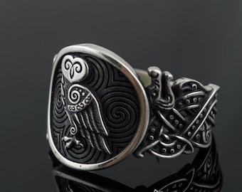 Silver Norse Owl Ring, Wolf Viking Ornament, Handmade Silver Norse Jewelry, Unique Viking Ring, Ring with Owl, Owl Jewelry, Owl Symbol Ring