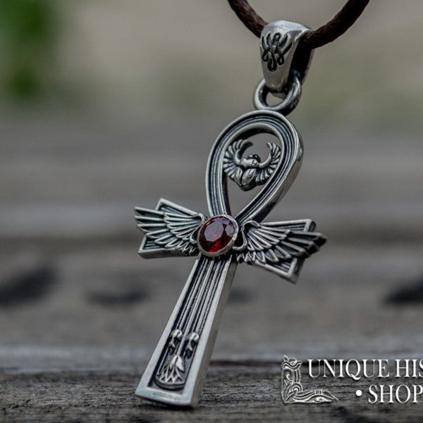 Egyptian Ankh Cross Pendant, Scarab Silver Necklace, Egyptian Amulet, Egypt Feathers, Silver Egypt Necklace with Cubic Zircon