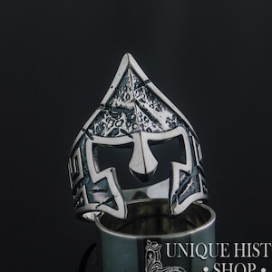 Ruined Old Gladiator Helmet Ring in Sterling Silver - Vintage Handmade Roman Empire Signet Jewelry