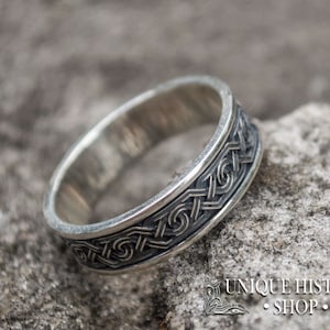 Silver Viking Ornament Ring - Scandinavian Wedding Band Handcrafted with Unique Celtic Knotwork Inspiration