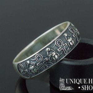 Egyptian Scarab Beetle Ring, Egypt Ankh Ring, Egypt Hieroglyph Ring, Handmade Sterling Silver Egypt Ring, Unique Jewelry with Scarab