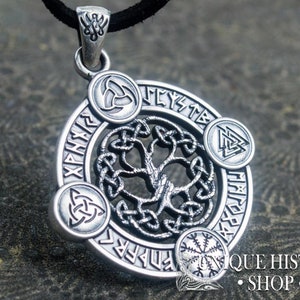 Yggdrasil Pendant Viking Jewelry with Elder Futhark Runes, Valknut, Odin Horn, Triquetra and Helm of Awe Symbol Norse Tree of Life Amulet image 1