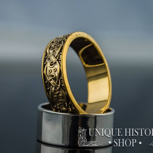 14K Gold Viking Ornament Ring with Scandinavian Ornament, Handmade Norse Yellow Gold Jewelry with Historical Vikings Patterns