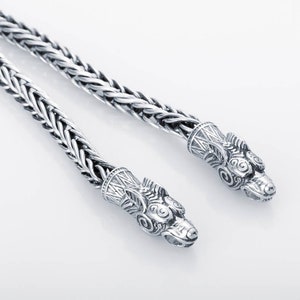Silver Wheat Chain - Viking Mens Chain Necklace with Wolf Heads Tips Handcrafted Pendant Accessory in Unique Nordic Design
