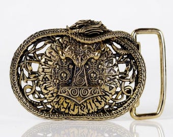 Brass Thor's Hammer Belt Buckle, Mjolnir & Elder Futhark Runes, Jormungandr World Serpent Ouroboros, Viking Warrior Accessory, Gift for Him