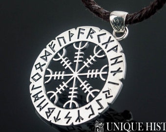 Helm of Awe Necklace - Silver Viking Pendant featuring 24 Elder Futhark Runes and Aegishjalmur Symbol Handcrafted Scandinavian Jewelry