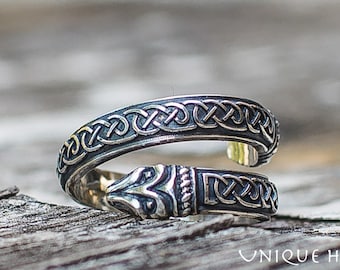 Silver Norse Jormungand Ring with Viking Ornament Norse Jewelry with Pattern and Snakes Viking Gift for Husband Boyfriend Ouroboros Jewelry