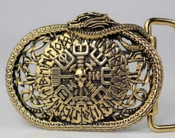 Viking Belt Buckle, Brass Vegvisir Norse Compass, World Serpent Ouroboros Custom Buckle, Warrior Accessory, Anniversary Gift for Him