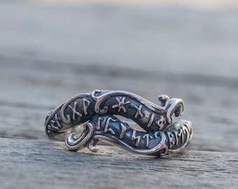 Jormungandr Serpent Ring - Silver Ouroboros Jewelry with Viking Runes Handmade Old Norse Ring Inspired by Scandinavian Mythology