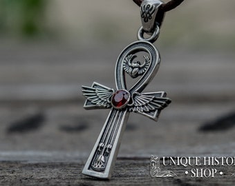 Silver Ankh Necklace - Egyptian Amulet Jewelry featuring Scarab Symbol and Red Gem Handcrafted Egypt Pendant for Lovers of Ancient  Heritage