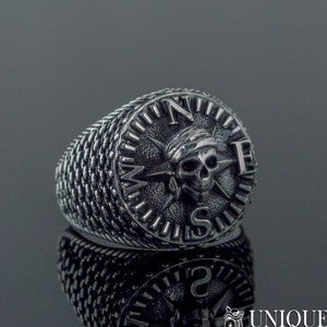 Pirate Skull Ring - Silver Wind Rose Jewelry for the Brave Sailor Handmade Compass Ring in Nautical Style