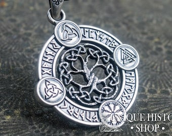 Yggdrasil Pendant - Viking Jewelry with Elder Futhark Runes, Valknut, Odin Horn, Triquetra and Helm of Awe Symbol Norse Tree of Life Amulet
