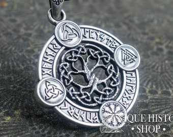 Yggdrasil Pendant - Viking Jewelry with Elder Futhark Runes, Valknut, Odin Horn, Triquetra and Helm of Awe Symbol Norse Tree of Life Amulet