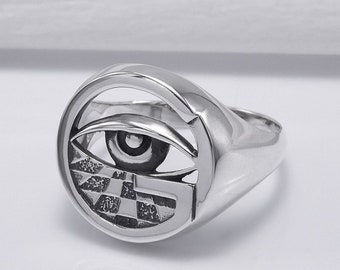 Anillo Masónico de Plata - Joyería Masónica con Símbolos del Ojo de la Providencia y Tablero de Ajedrez. Anillo de Maestro Masón Hecho a Mano.