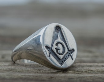 Masonic Signet Ring - Silver Freemason Jewelry with Inversed G and Square and Compasses Symbol Handmade Brotherhood Ring in Simple Design