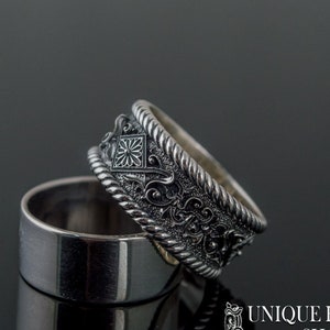 Norse Wedding Band - Viking Patterns Silver Ring with Scandinavian Designs Handcrafted Ornament Jewelry Inspired by Nordic Traditions