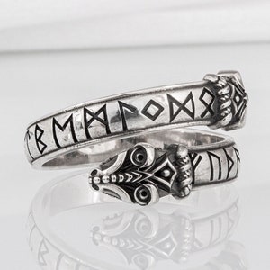 Ouroboros Ring - Silver Viking Snake Jewelry with Elder Futhark Runes Handmade Jormungandr Symbol Ancient Norse Ring