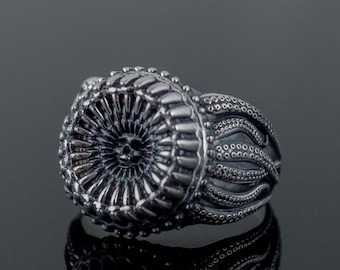 Può includere: Un anello d'argento con un design intricato che presenta un centro circolare con linee radianti e una fascia testurizzata con un motivo ondulato.