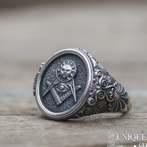 Knights Templar Ring - Masonic Jewelry with Square and Compasses featuring All Seeing Eye Handmade Freemason Signet for Brotherhood Members