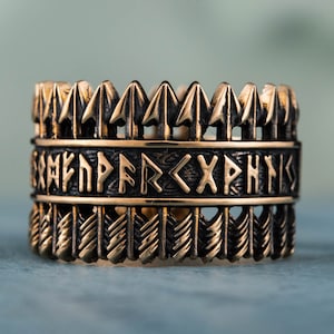 Elder Futhark Bronze Ring - Heathen Jewelry, Viking Mens Rings - Norse Mythology Arrow Jewelry, Biker Gift, Handmade Scandinavian Design