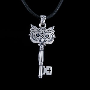 Owl Key Pendant, Silver Bird Ring, Key Necklace with Owl, Animal Jewelry, Skeleton Key Jewelry, 925 Silver Key Charm, Owl Jewelry image 4