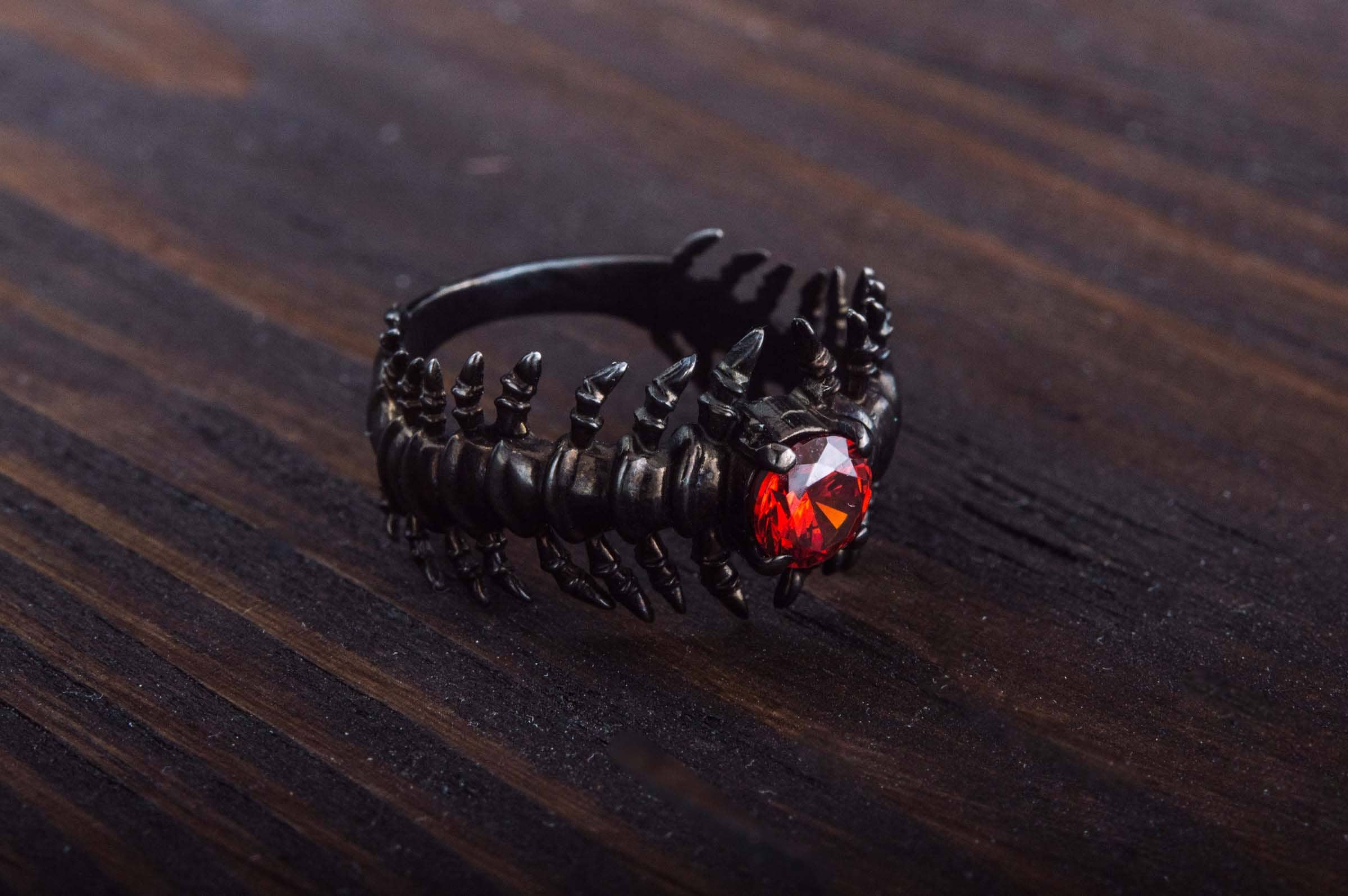 Black Bones Ring - Ruthenium Plated Spine Jewelry With Red Cubic ...
