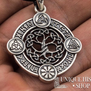 Yggdrasil Pendant Viking Jewelry with Elder Futhark Runes, Valknut, Odin Horn, Triquetra and Helm of Awe Symbol Norse Tree of Life Amulet image 3